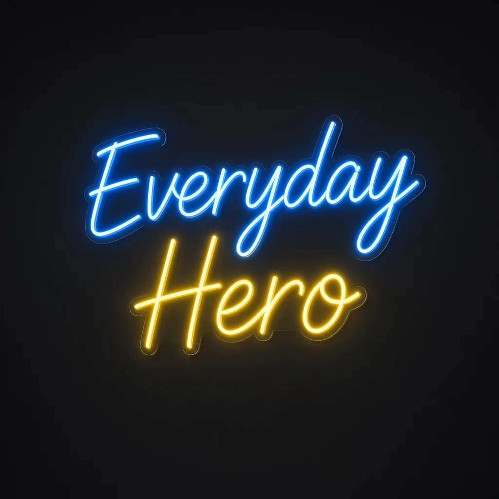 Neon LED Everyday Hero blu neon e giallo caldo su pannello in plexiglass trasparente sagomato