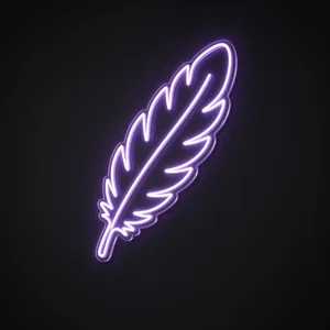 Neón LED Feather en violeta sobre placa de acrílico transparente recortada a medida