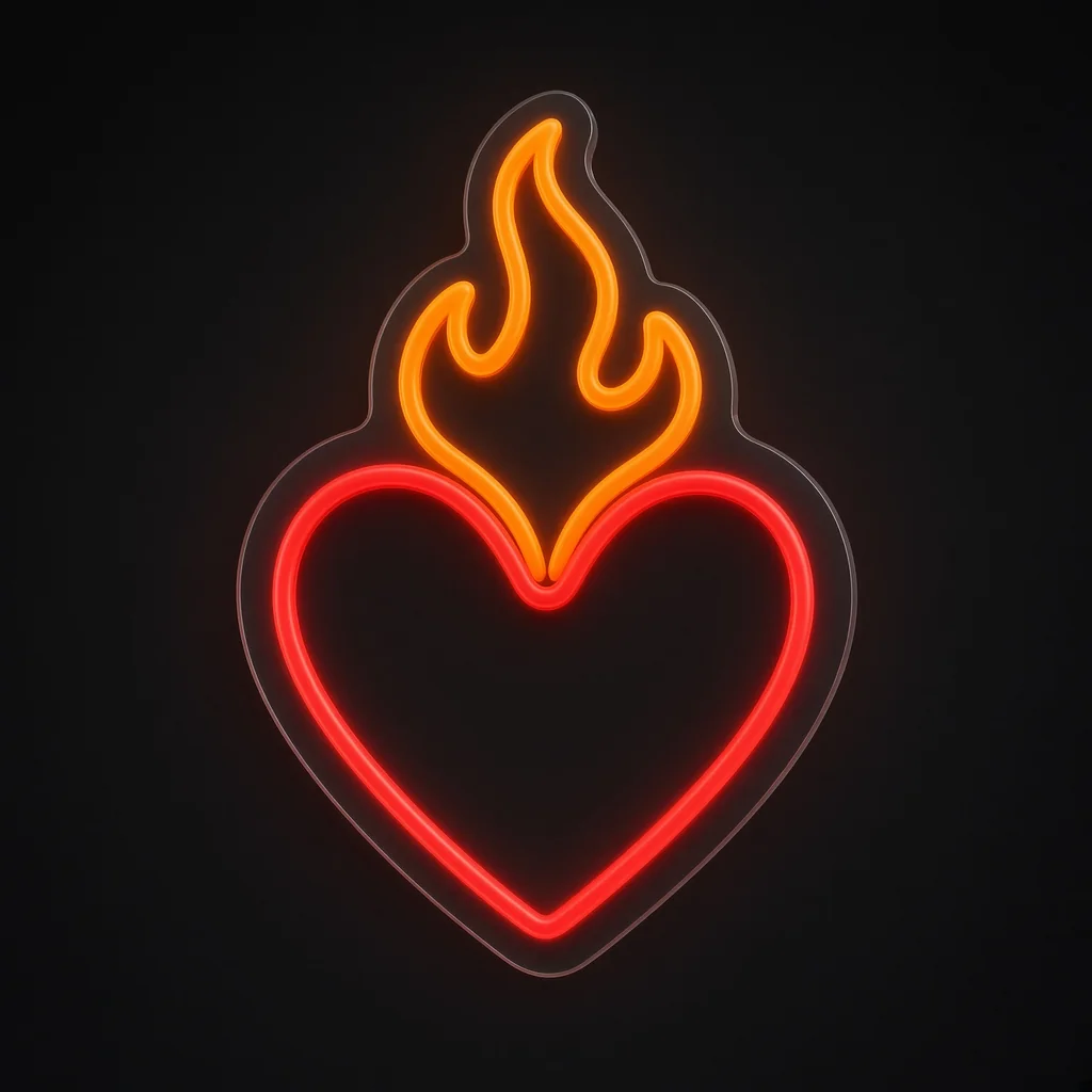 Πινακίδα νέον LED Flaming Heart σε κόκκινο και πορτοκαλί, σε διάφανο ακρυλικό κομμένο στο σχήμα