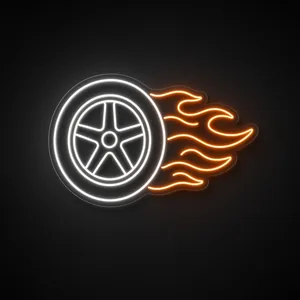 Neon LED Flaming Tire bianco freddo e arancione su pannello in plexiglass trasparente sagomato