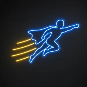 Neon LED Flying Hero blu neon e giallo caldo su pannello in plexiglass trasparente sagomato