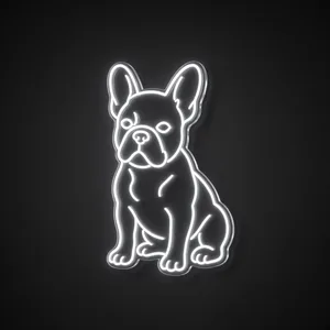 Néon LED French Bulldog blanc froid, sur plaque en acrylique transparent découpée à la forme