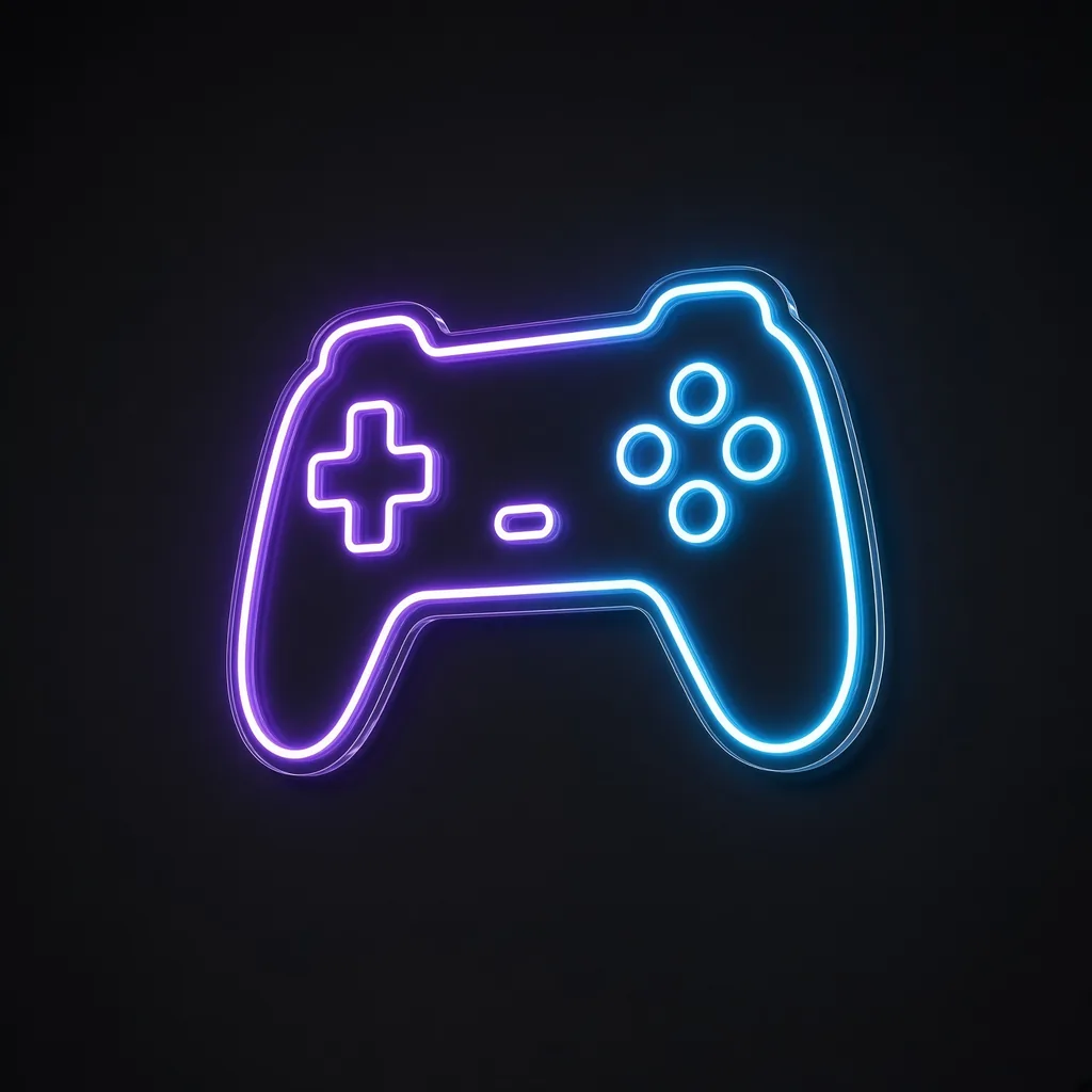 LED-neonskilt Game Controller i lilla og neonblå på gjennomsiktig, formskåret akrylplate
