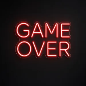Néon LED Game Over em vermelho sobre placa de acrílico transparente recortada