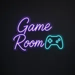 Πινακίδα νέον LED Game Room σε μωβ και τιρκουάζ, σε διάφανο ακρυλικό κομμένο στο σχήμα