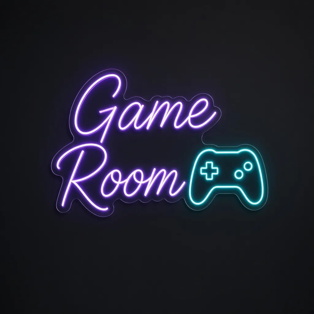 Πινακίδα νέον LED Game Room σε μωβ και τιρκουάζ, σε διάφανο ακρυλικό κομμένο στο σχήμα
