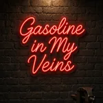 Néon LED Gasoline in My Veins allumé, mis en situation dans un intérieur