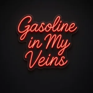 Néon LED Gasoline in My Veins rouge, sur plaque en acrylique transparent découpée à la forme
