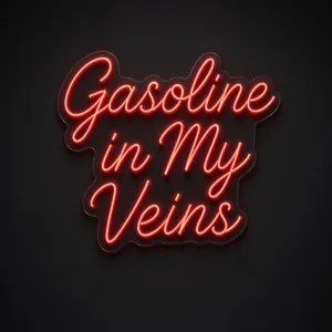 Neon LED Gasoline in My Veins (czerwień) na przezroczystej płycie akrylowej wyciętej po konturze
