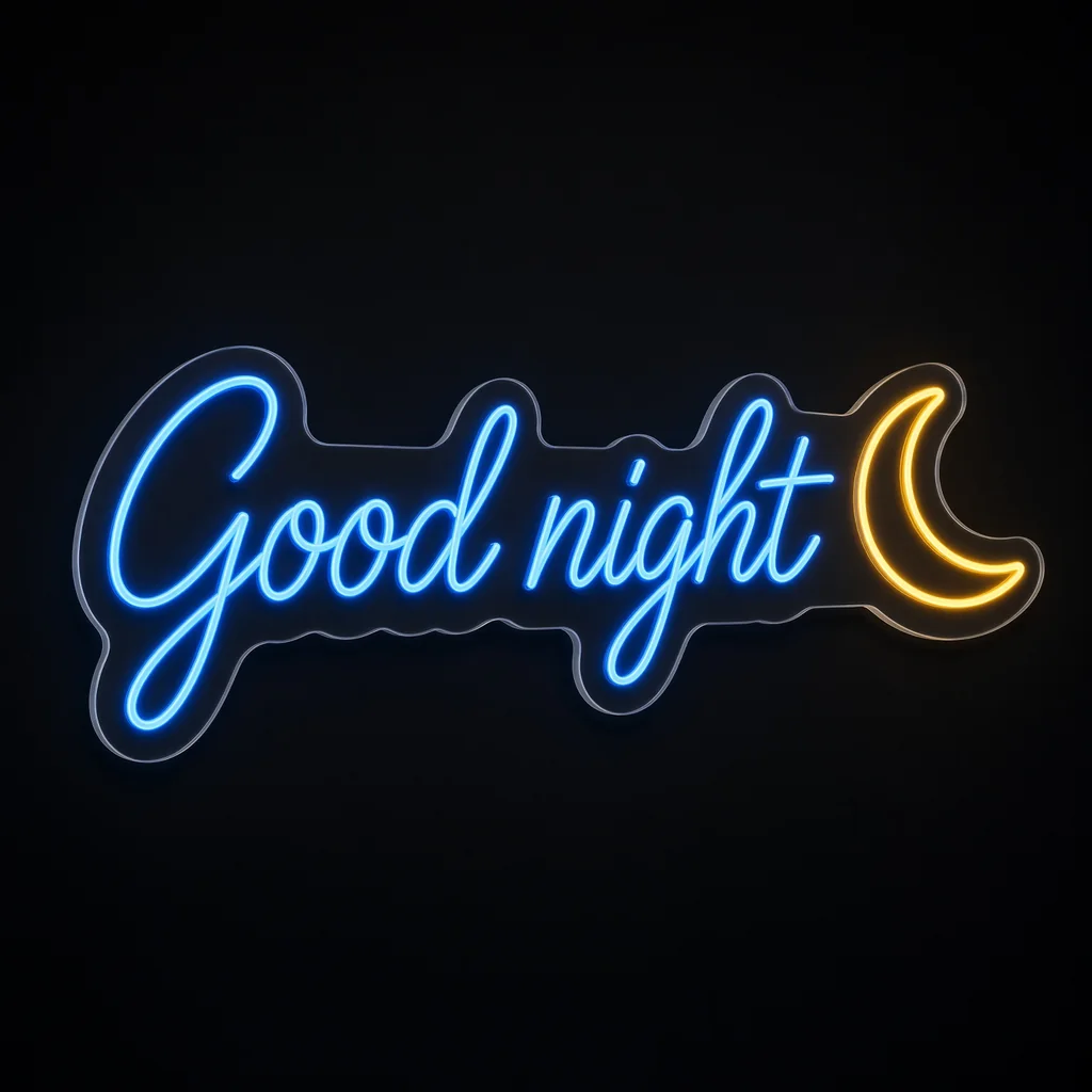 Neon LED Good Night blu neon e giallo caldo su pannello in plexiglass trasparente sagomato
