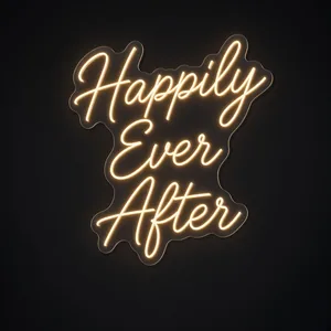 Néon LED Happily Ever After em branco quente sobre placa de acrílico transparente recortada