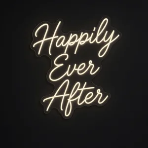 Neon LED Happily Ever After (ciepła biel) na przezroczystej płycie akrylowej wyciętej po konturze