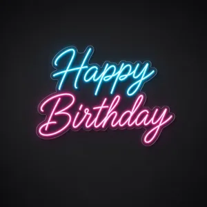 Néon LED Happy Birthday em turquesa e rosa sobre placa de acrílico transparente recortada