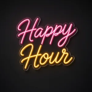 Neon LED Happy Hour rosa e giallo caldo su pannello in plexiglass trasparente sagomato