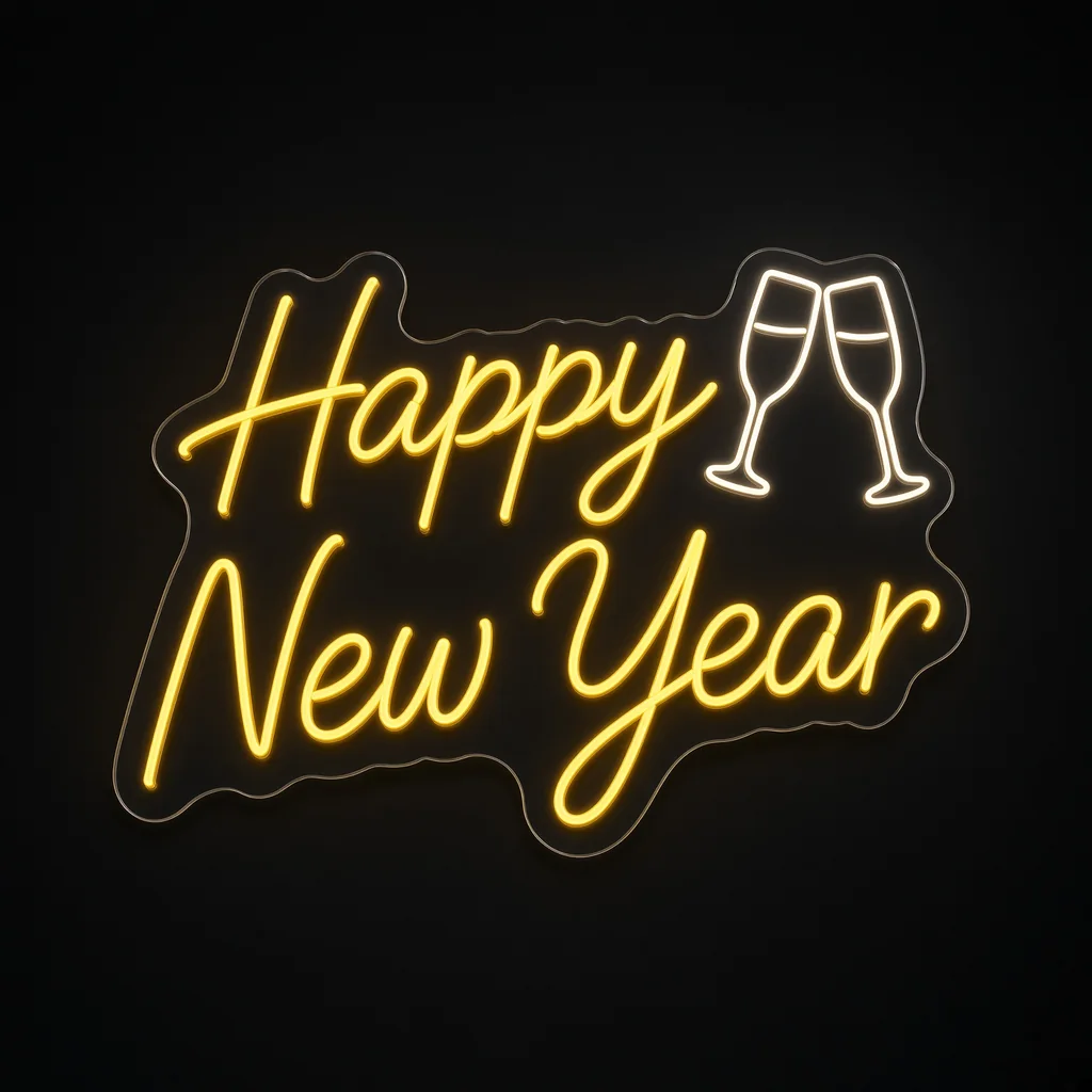 Happy New Year LED neon sign in warm yellow and warm white on a clear cut-to-shape acrylic backboard