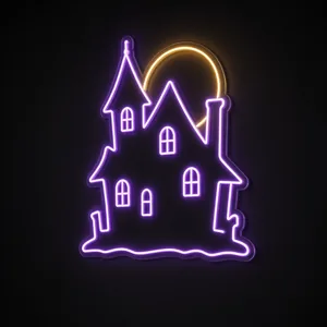 Neon LED Haunted House viola e giallo caldo su pannello in plexiglass trasparente sagomato