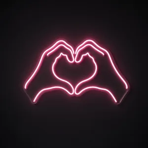 Neón LED Heart Hands en rosa sobre placa de acrílico transparente recortada a medida
