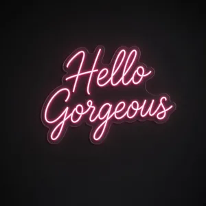 Néon LED Hello Gorgeous em rosa sobre placa de acrílico transparente recortada