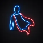Neón LED Hero Cape en azul neón y rojo sobre placa de acrílico transparente recortada a medida