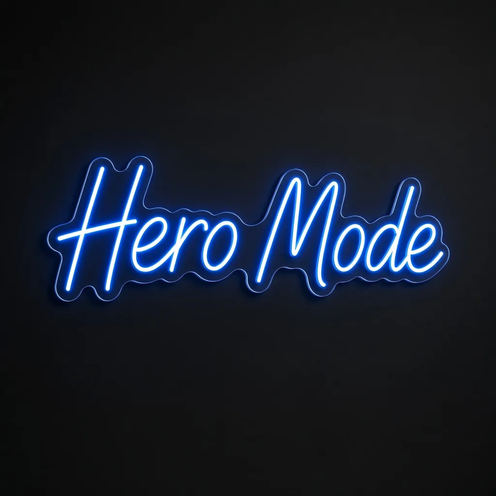 Néon LED Hero Mode bleu neon, sur plaque en acrylique transparent découpée à la forme