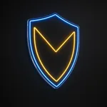 Néon LED Hero Shield bleu neon et jaune chaud, sur plaque en acrylique transparent découpée à la forme