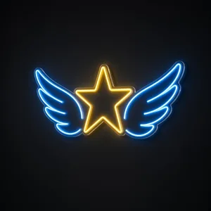 Neon LED Hero Wings giallo caldo e blu neon su pannello in plexiglass trasparente sagomato
