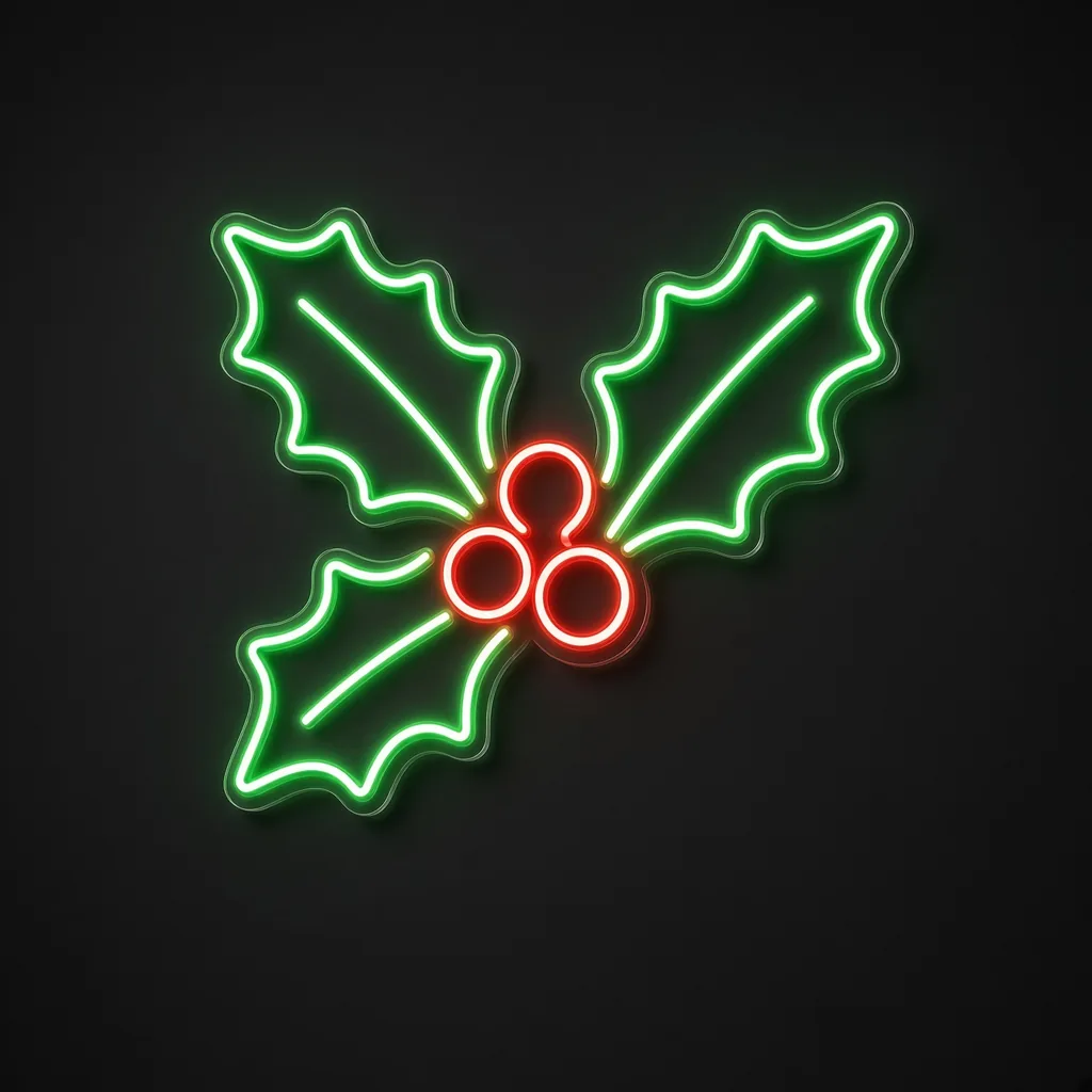 Néon LED Holly em verde e vermelho sobre placa de acrílico transparente recortada