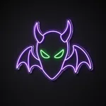 Πινακίδα νέον LED Horned Demon σε μωβ και πράσινο, σε διάφανο ακρυλικό κομμένο στο σχήμα