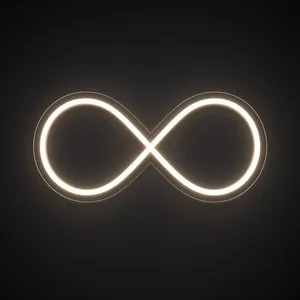 Neón LED Infinity Loop en blanco cálido sobre placa de acrílico transparente recortada a medida