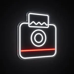 Neon LED Instant Camera w zimnej bieli i czerwieni, na przezroczystej płycie akrylowej wyciętej po obrysie