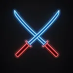 Néon LED Katana bleu neon et rouge, sur plaque en acrylique transparent découpée à la forme