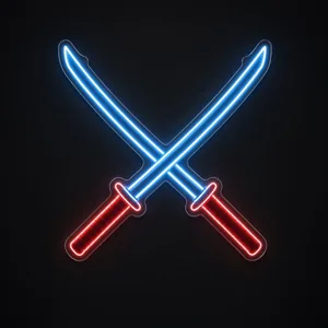 Neon LED Katana blu neon e rosso su pannello in plexiglass trasparente sagomato