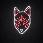 LED-neonskylt Kitsune Mask i kallvit och röd på genomskinlig, formskuren akrylplatta