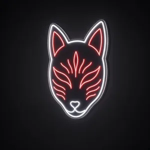Neon LED Kitsune Mask bianco freddo e rosso su pannello in plexiglass trasparente sagomato