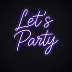 Let's Party LED neon sign in purple on a clear cut-to-shape acrylic backboard