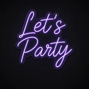 Néon LED Let's Party em violeta sobre placa de acrílico transparente recortada