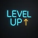 LED-neonbord Level Up in turquoise en warmgeel op transparante acrylplaat, op vorm gesneden