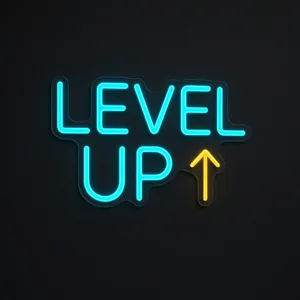 Neon LED Level Up (turkus i ciepła żółć) na przezroczystej płycie akrylowej wyciętej po konturze