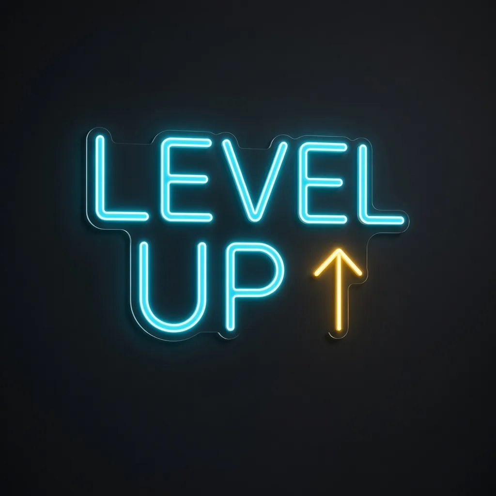 LED-neonbord Level Up in turquoise en warmgeel op transparante acrylplaat, op vorm gesneden