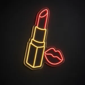 Neon LED Lipstick rosso e giallo caldo su pannello in plexiglass trasparente sagomato