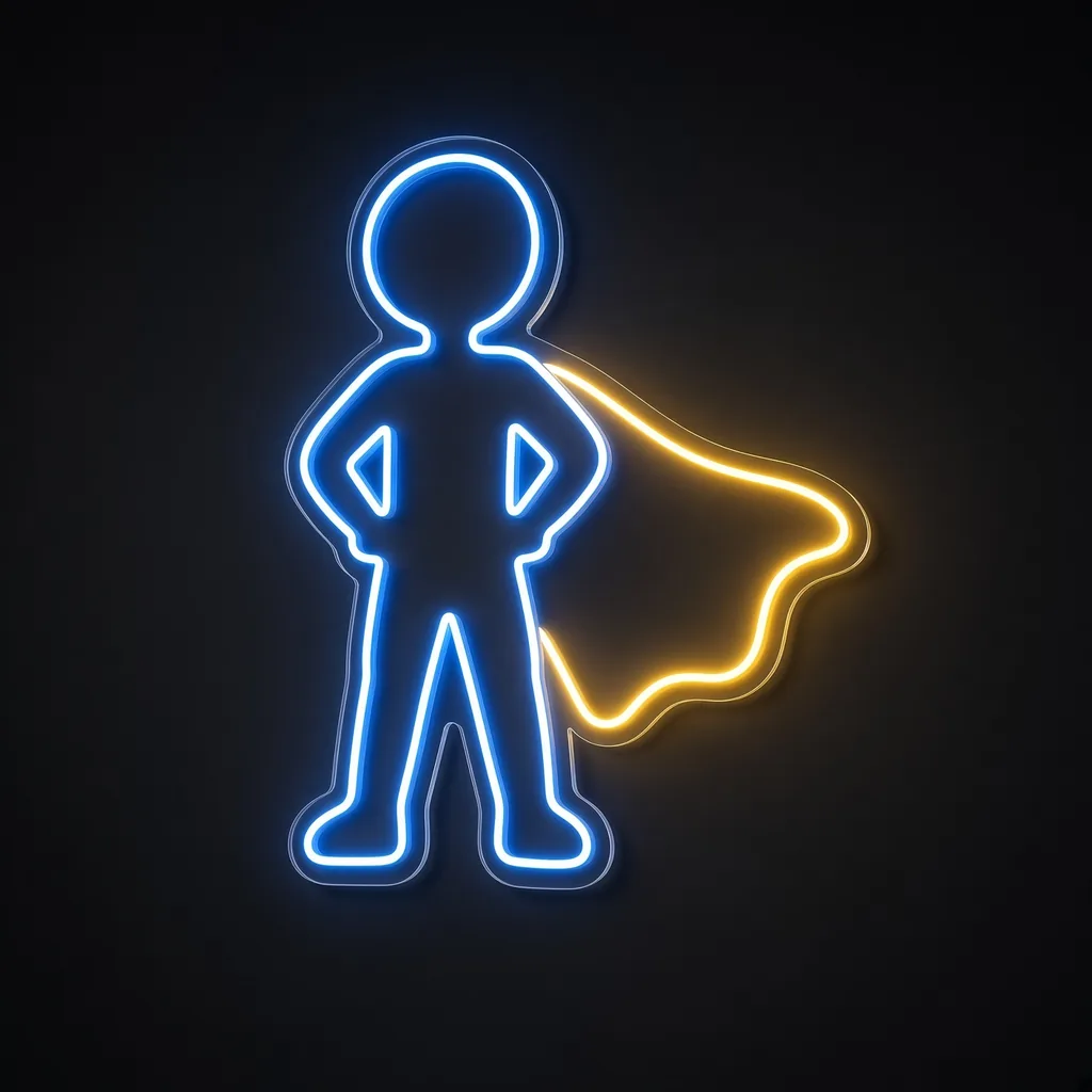 Πινακίδα νέον LED Little Hero σε νέον μπλε και θερμό κίτρινο, σε διάφανο ακρυλικό κομμένο στο σχήμα