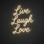 Neon LED Live Laugh Love bianco caldo su pannello in plexiglass trasparente sagomato