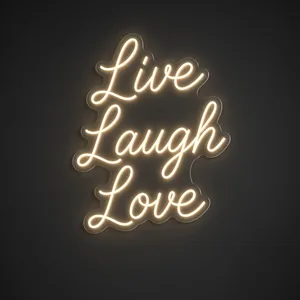 Néon LED Live Laugh Love em branco quente sobre placa de acrílico transparente recortada