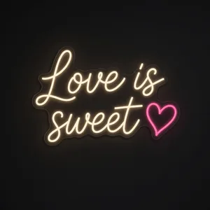 Neon LED Love Is Sweet (ciepła biel i róż) na przezroczystej płycie akrylowej wyciętej po konturze