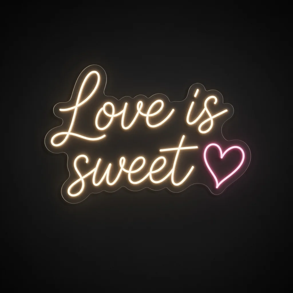 Neon LED Love Is Sweet bianco caldo e rosa su pannello in plexiglass trasparente sagomato