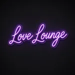 Néon LED Love Lounge violet, sur plaque en acrylique transparent découpée à la forme