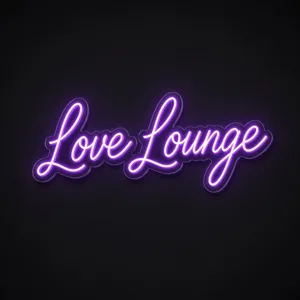 LED-neonbord Love Lounge in paars op transparante acrylplaat, op vorm gesneden
