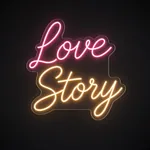Néon LED Love Story rose et blanc chaud, sur plaque en acrylique transparent découpée à la forme