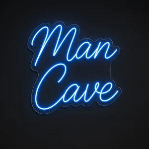 Néon LED Man Cave em azul néon sobre placa de acrílico transparente recortada