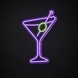 Neon LED Martini Glass viola e verde su pannello in plexiglass trasparente sagomato